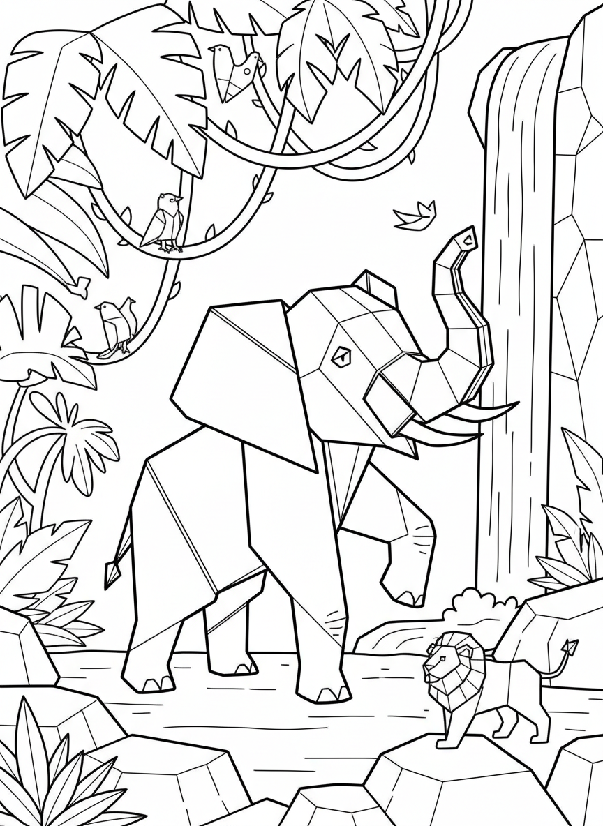 An origami elephant with large triangular ears and a geometric trunk, standing in a playful pose with clear paper fold patterns throughout its body.