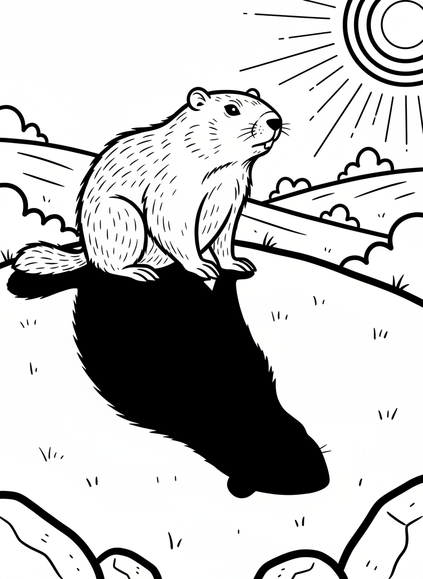 A groundhog sitting on a hill watching the sunrise, with his shadow stretching long behind him
