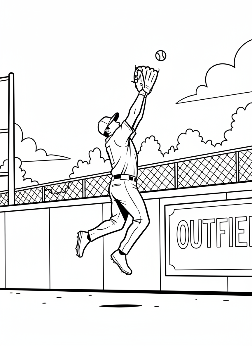 A baseball outfielder jumping high to catch a fly ball near the outfield wall, glove stretched up toward the sky.