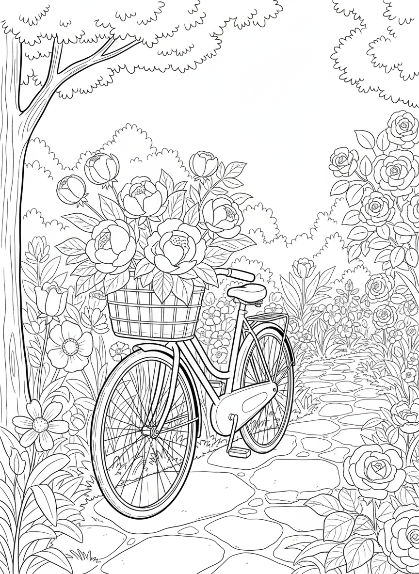 A bicycle with a basket full of fresh flowers parked beside a blooming garden path.