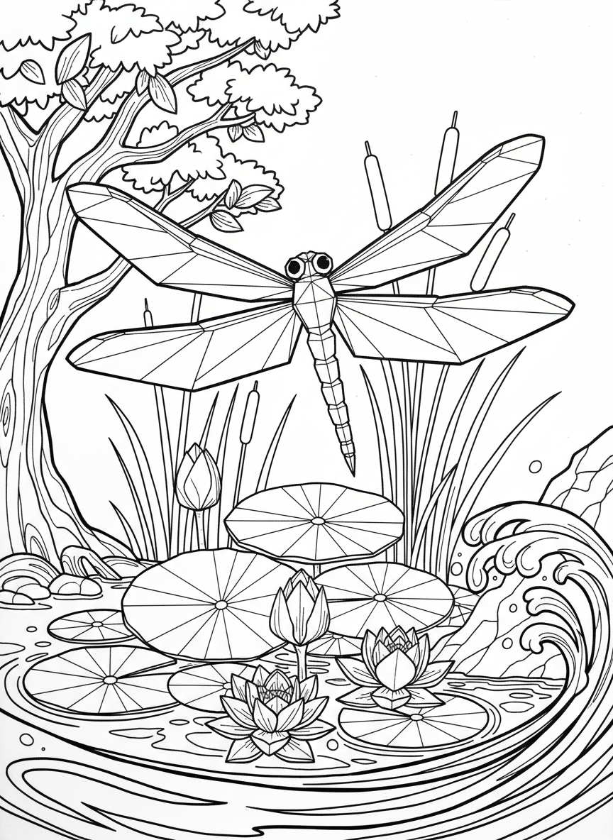 A detailed origami dragonfly with four elongated wings spread wide, intricate fold patterns visible, hovering above water lilies