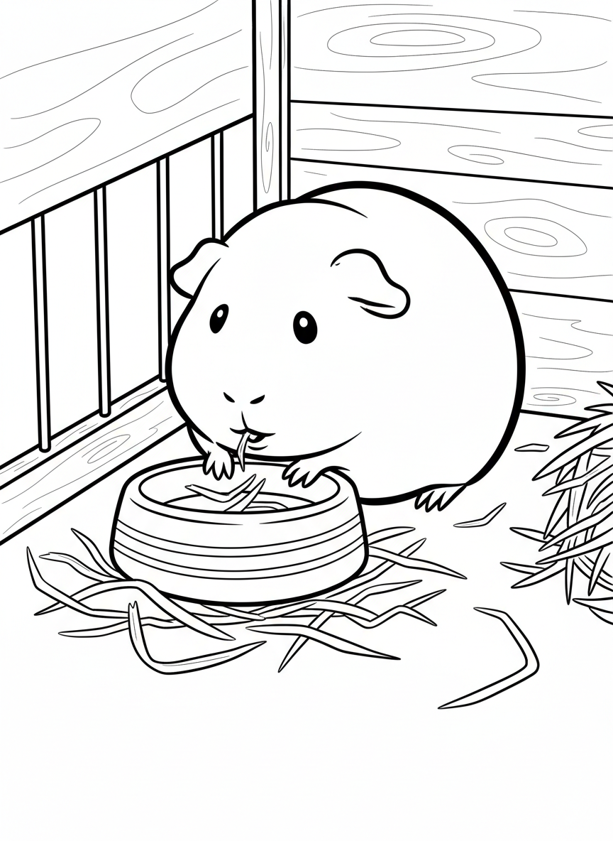 A guinea pig eating from a food bowl with hay scattered around, showing its round body and small ears.
