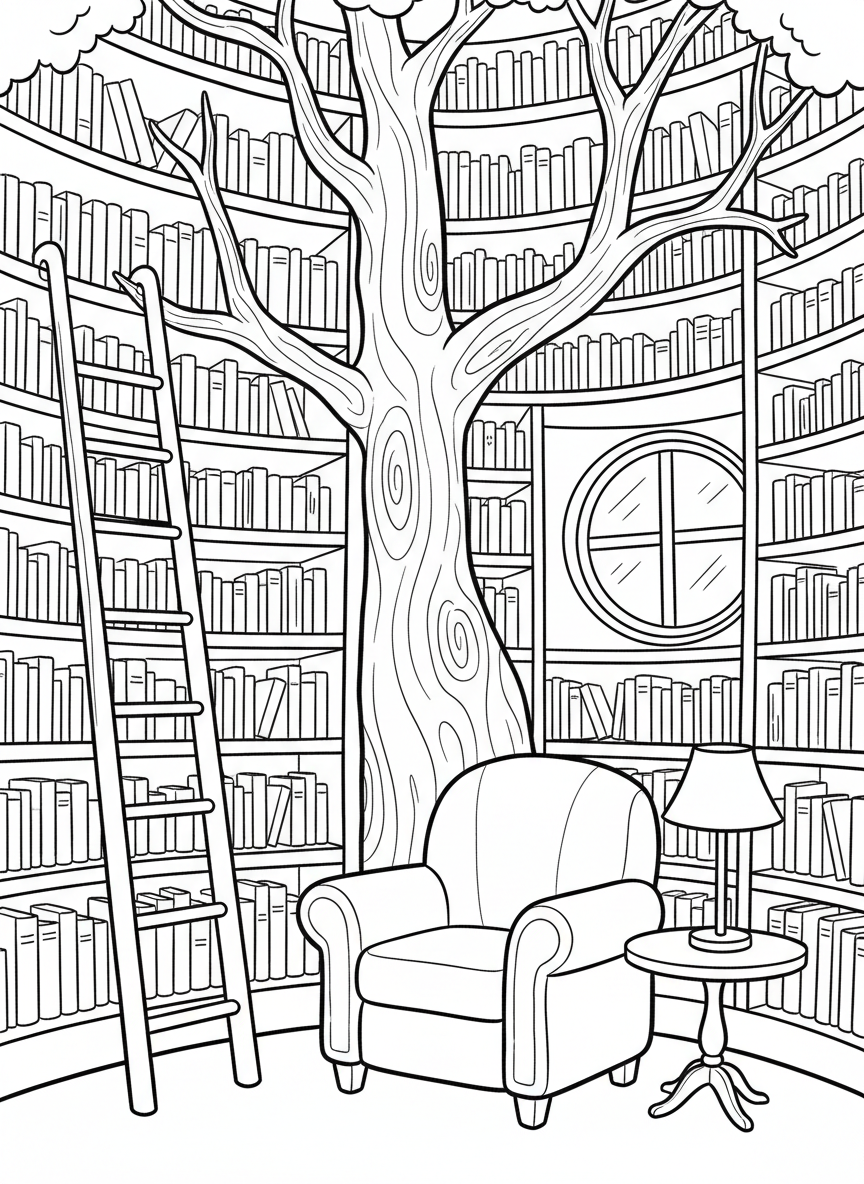 Treehouse library with tall bookshelves, a reading ladder, comfy armchair, and a small lamp on a side table.