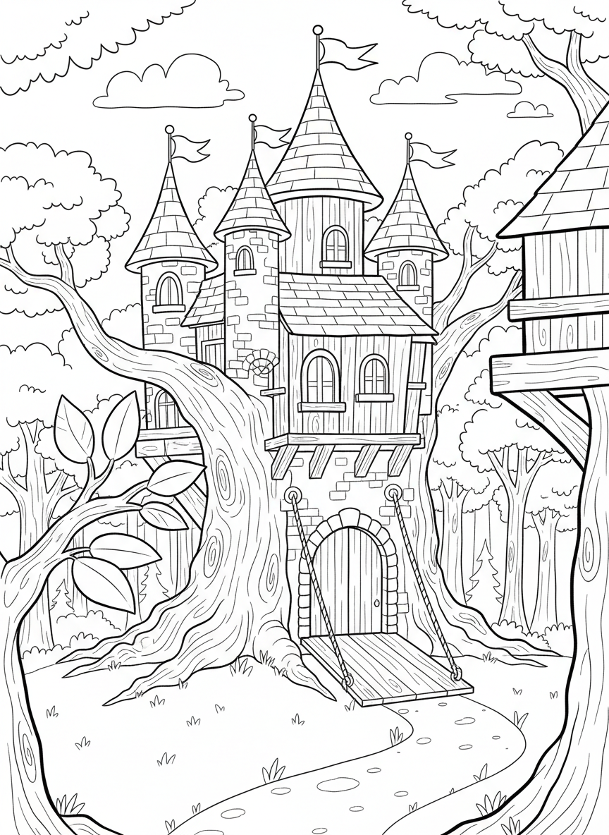 A castle-themed treehouse with turrets, a drawbridge entrance, and flags waving from the towers