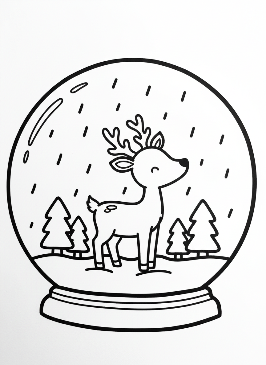 A simple snow globe with a cute reindeer standing in falling snow, with small evergreen trees in the background.