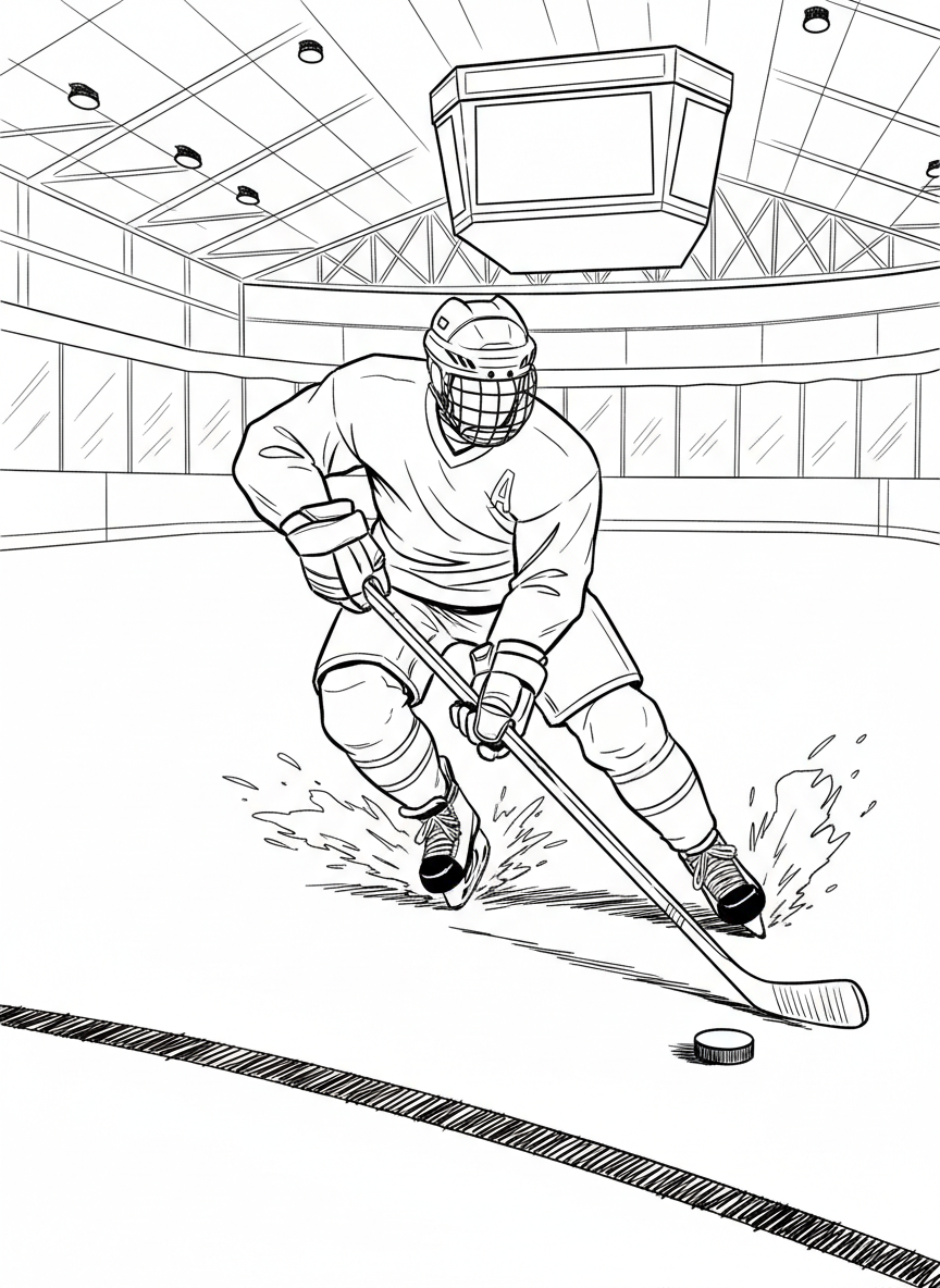 A hockey player skating on ice with a stick and puck, wearing protective gear and helmet, action-packed moment.
