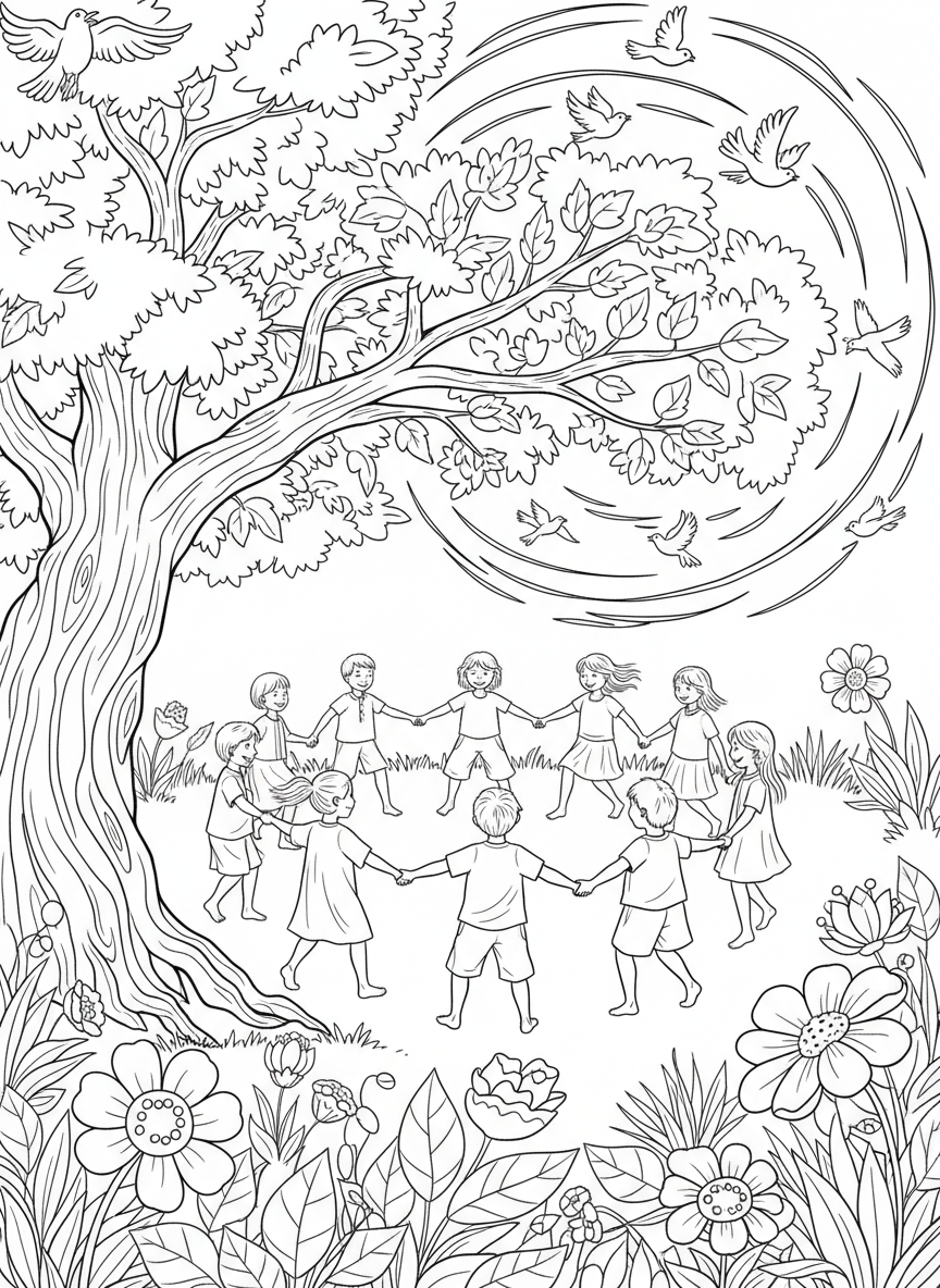 Children holding hands in a circle around a large tree, with birds flying overhead and flowers at their feet, cheerful celebration scene