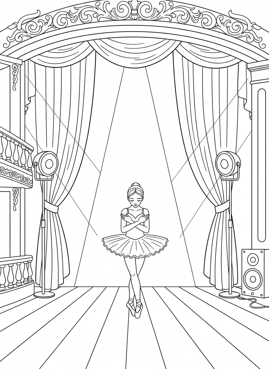 A ballet recital scene with a young dancer taking a bow on stage, with curtains and stage lights visible.