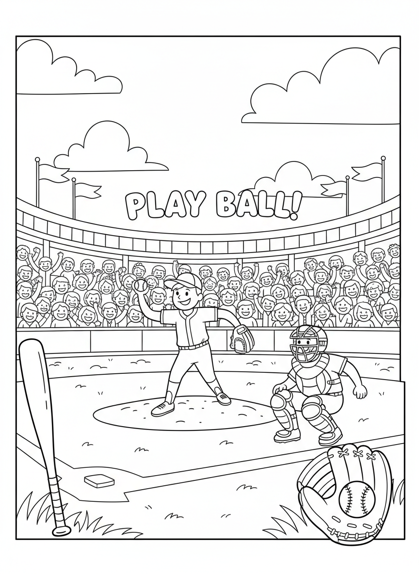 Baseball Opening Day coloring page prompts celebrating fresh starts, spring optimism, and the return of the game.	A ceremonial first pitch moment with the crowd applauding enthusiastically.