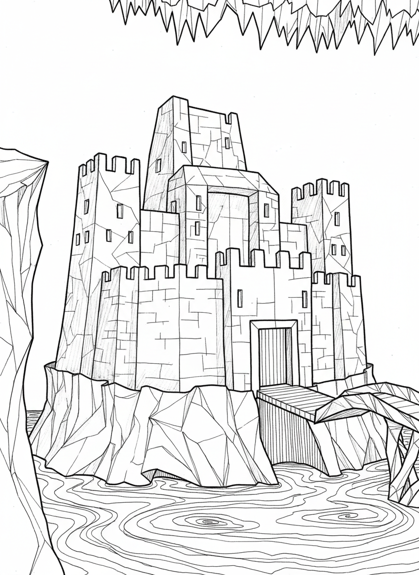An origami fortress with thick walls, battlements, and a drawbridge, showing angular paper folds and a protective moat around the base.