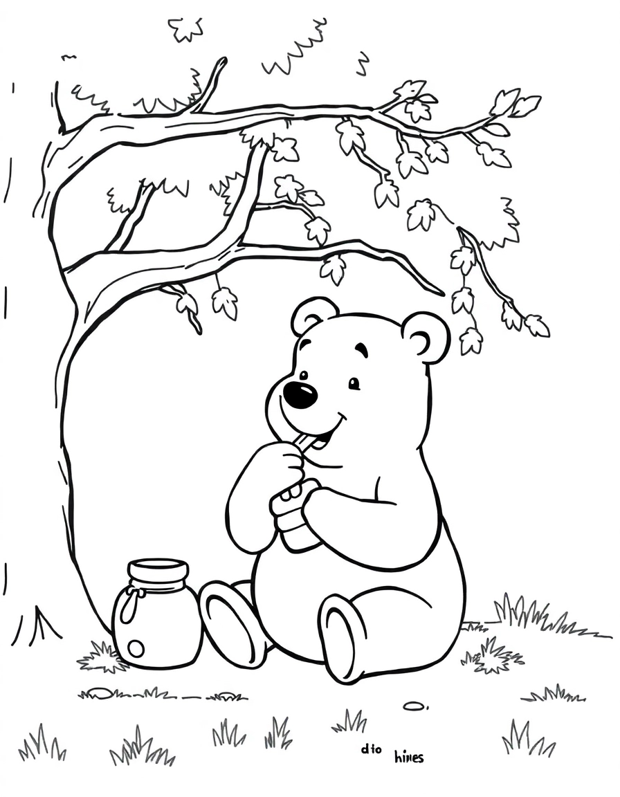 A friendly bear, in the style of Winnie-the-Pooh, sitting under a tree eating honey from a jar.