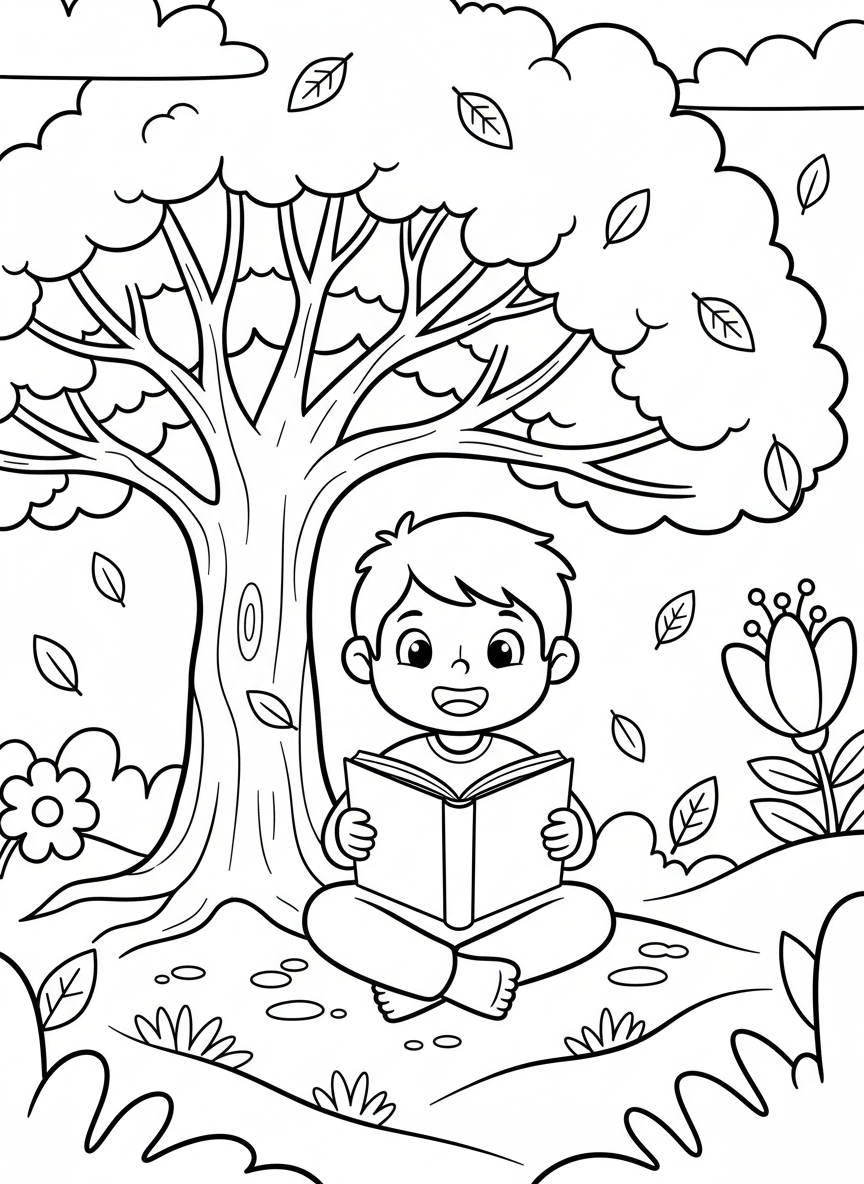 A cheerful child sitting cross-legged under a big tree, reading an open book with a happy expression, surrounded by falling leaves and flowers.