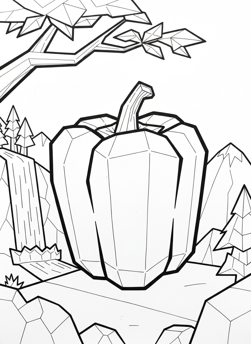 An origami bell pepper with angular sides, paper fold lines creating the pepper shape, and a square paper stem on top