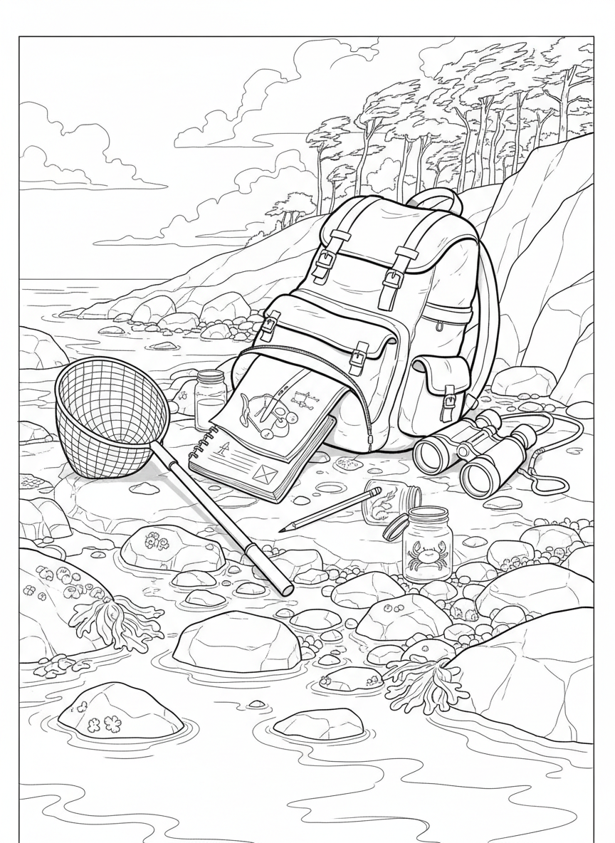 A backpack spilling open to reveal tide pool exploration gear: waterproof notebook, pencils, small jars, net, and binoculars.