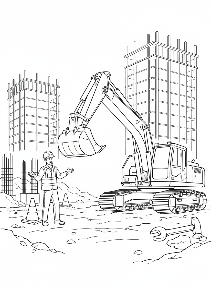 A construction worker guiding machinery at a building site with safety cones, tools, and unfinished structures nearby.