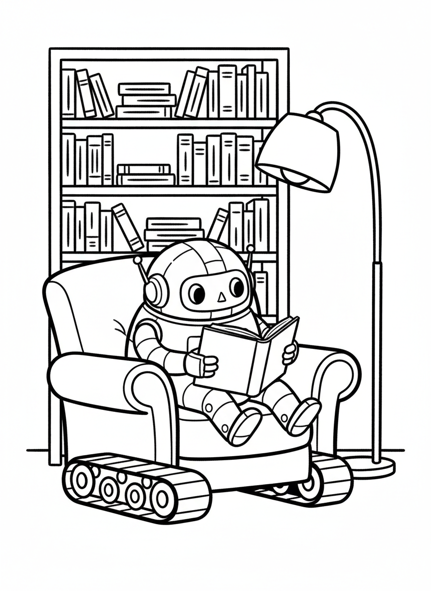 A cute robot with caterpillar treads reading a book while sitting in a cozy armchair, with a lamp and bookshelf nearby.