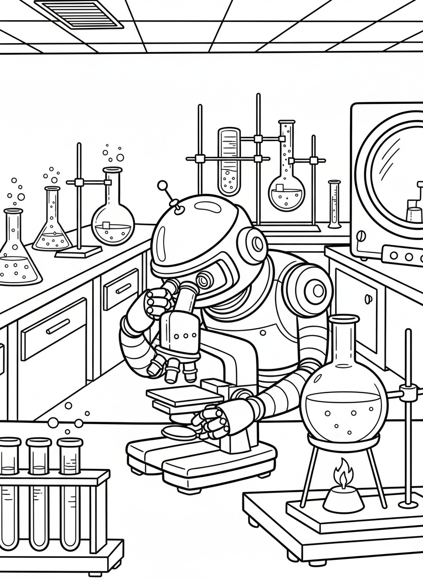 A robot scientist looking through a microscope in a laboratory, surrounded by test tubes, beakers, and science equipment on tables.