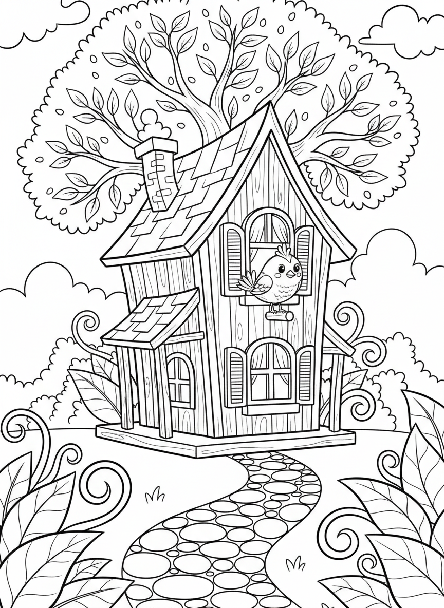 A whimsical birdhouse shaped like a small cottage with shutters, a chimney, and a tiny bird peeking out