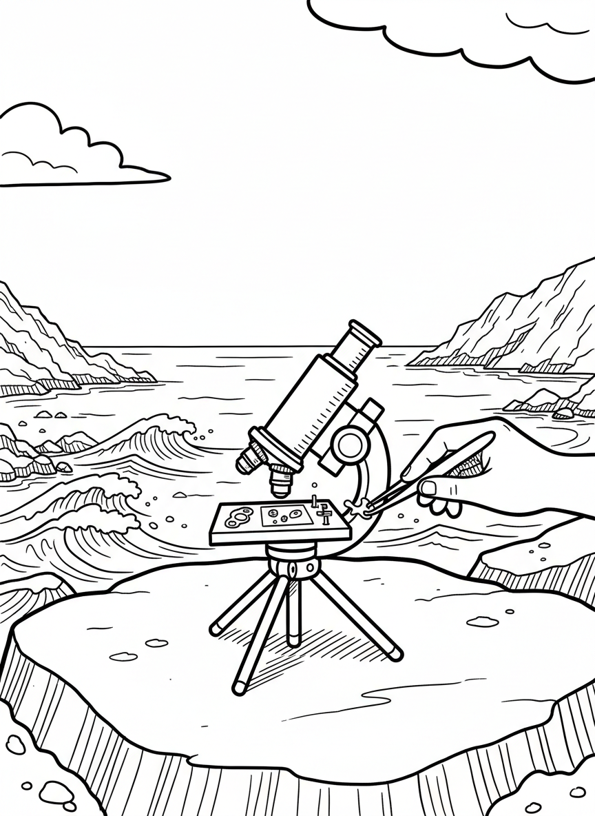 A portable field microscope on a folding stand, set up on a flat rock for examining tiny ocean specimens.