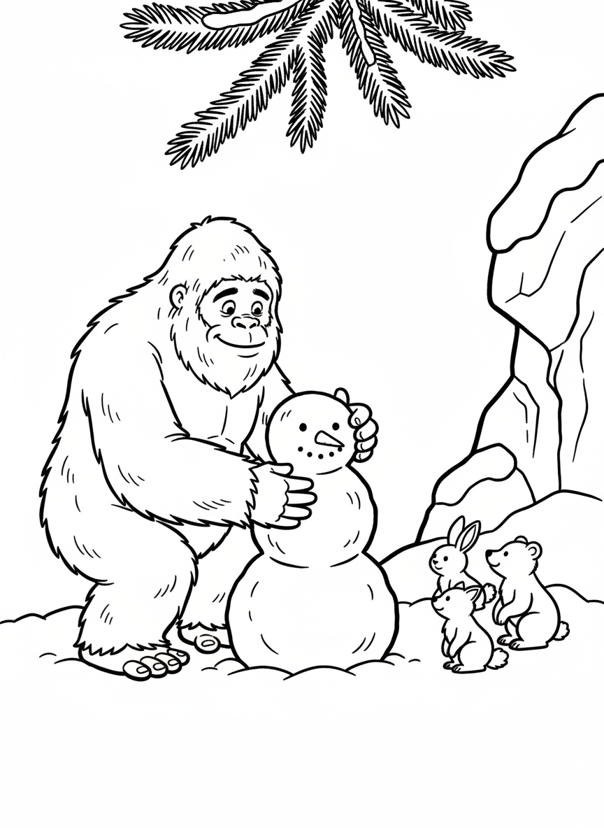 A gentle yeti or abominable snowman playing in the snow, building a snowman with forest animals watching nearby.
