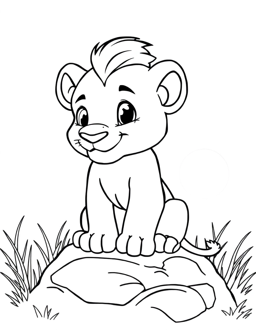 A kindhearted lion cub with a tuft of hair on its head, sitting proudly on a rock, with savannah grass and the sun in the distance.