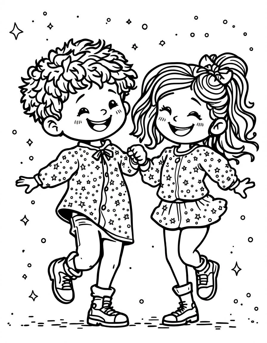 Dancing Duo: Two kids, a boy and a girl in matching sparkly outfits, dancing together with big smiles, kicking up their legs in a classic samba pose.