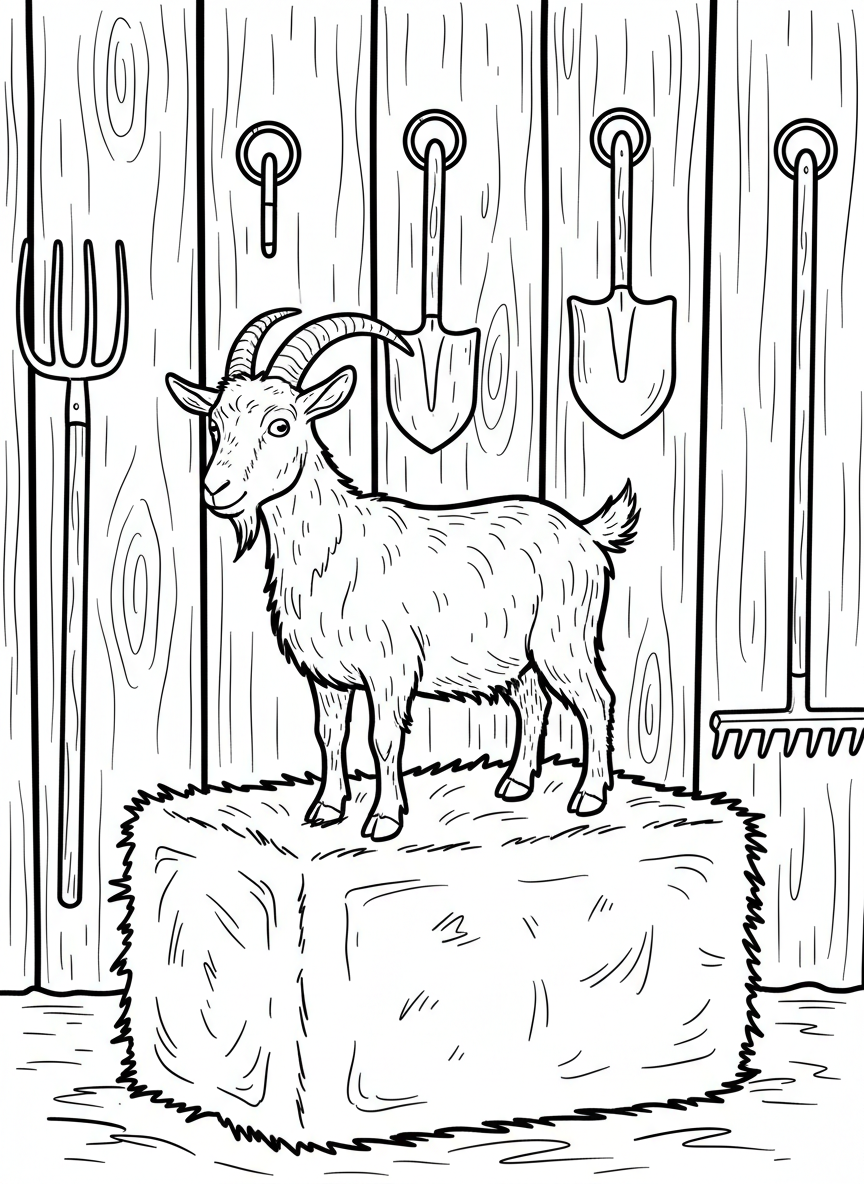 A goat standing on a hay bale inside a barn, with farm tools hanging on the wall.