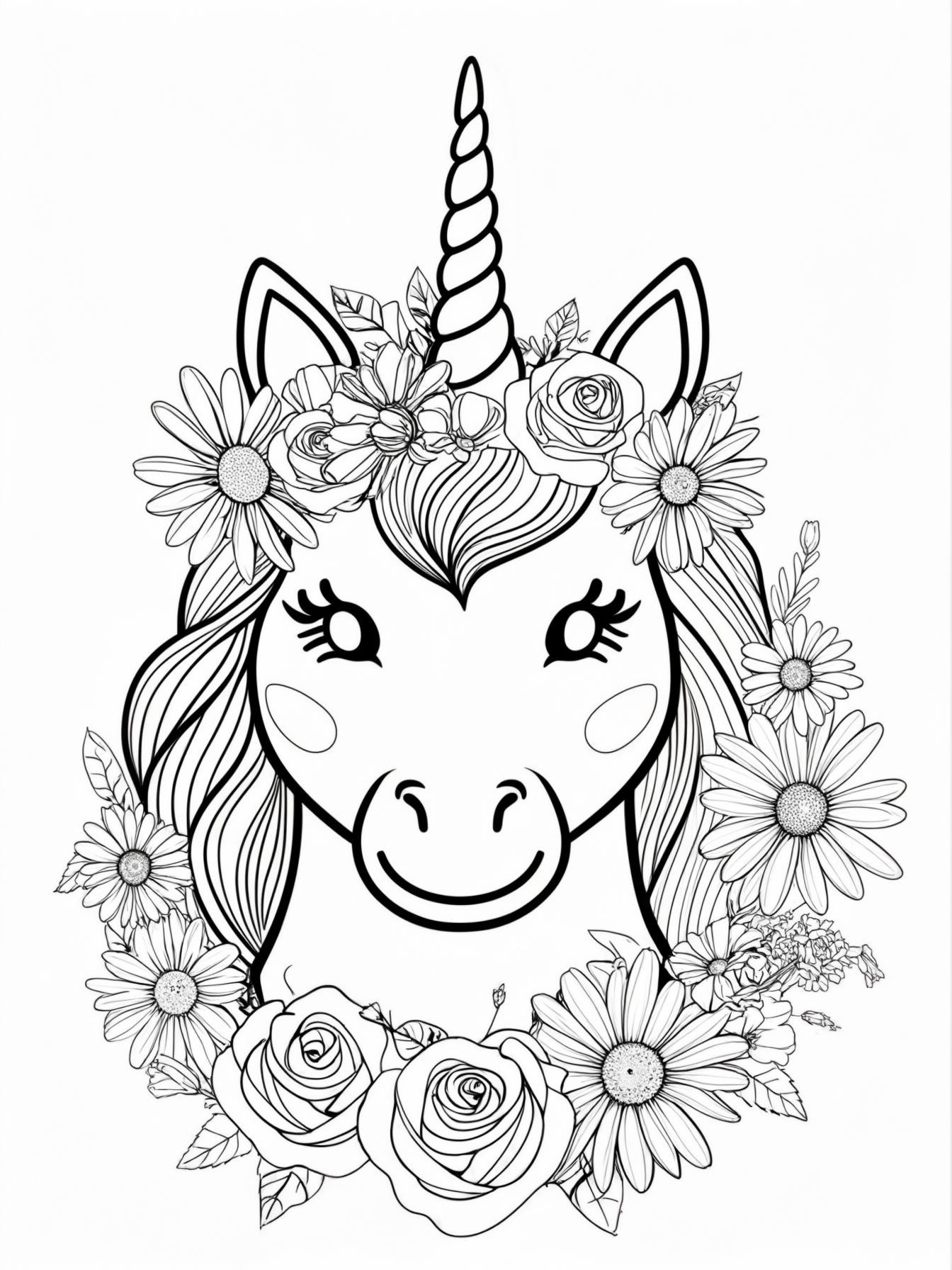 A close-up portrait of a smiling unicorn face, crowned with a wreath of beautiful, easy-to-color daisies and roses.