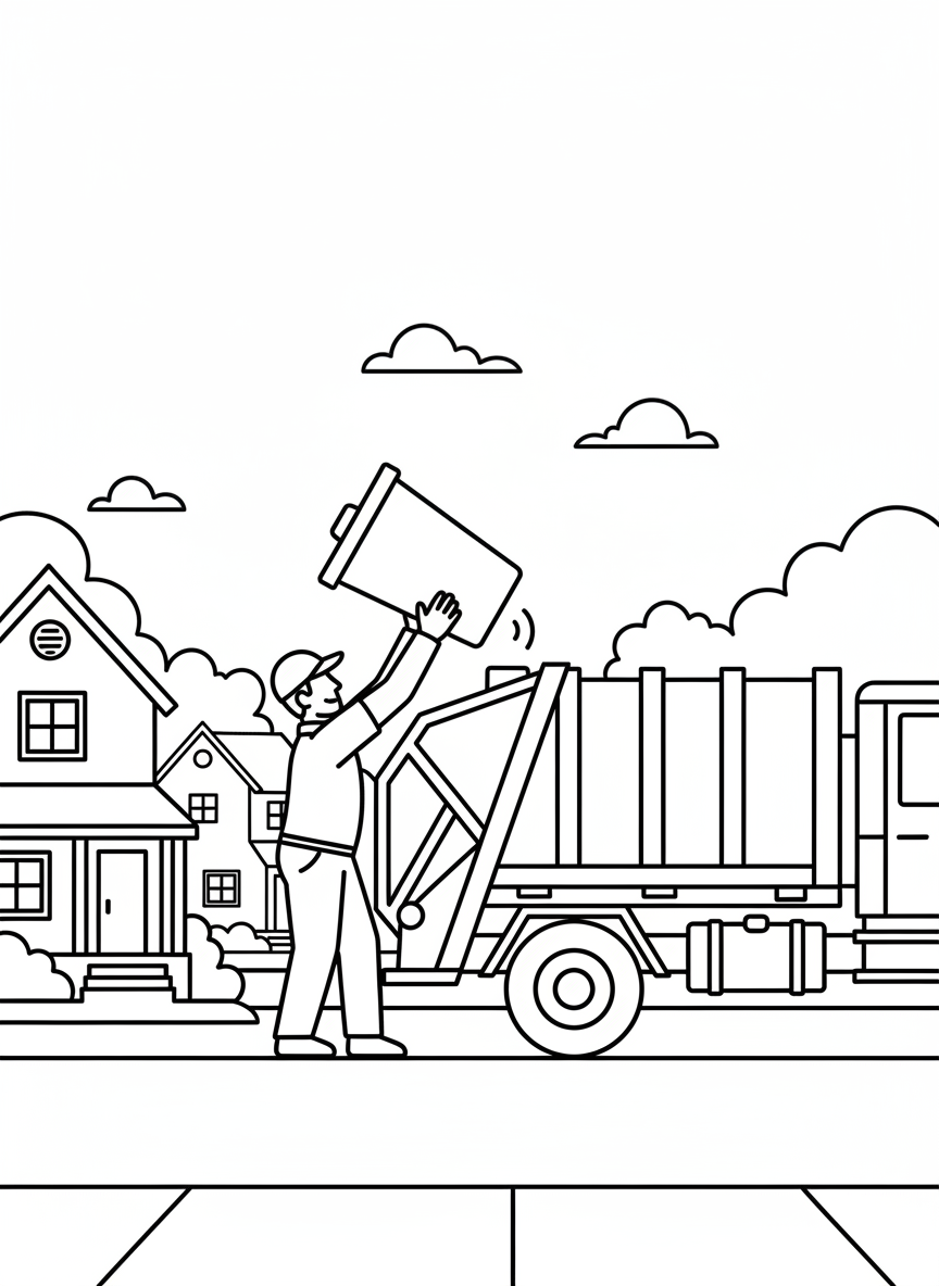 A garbage collector emptying a trash bin into a sanitation truck on a residential street lined with houses.