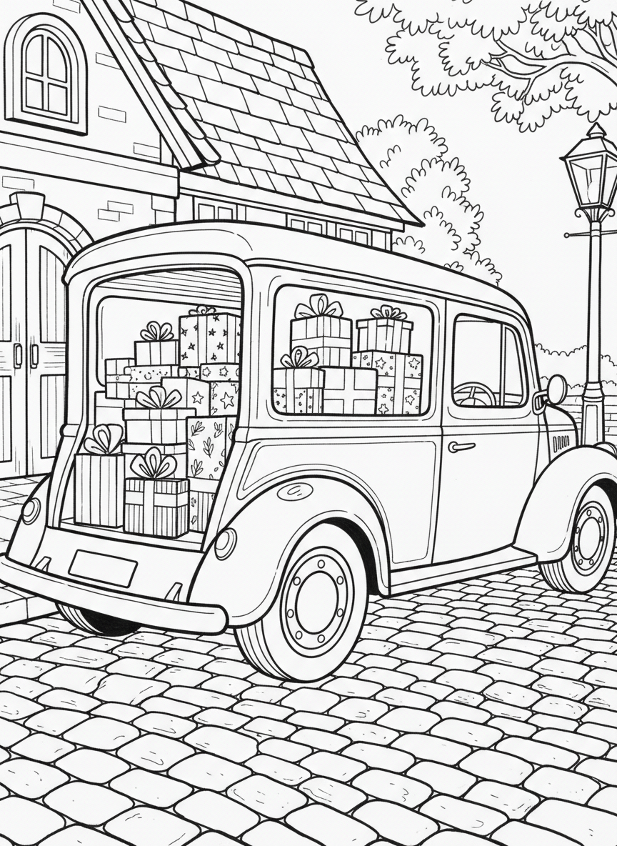 A pottery-barn style delivery van with packages in back, parked on a cobblestone street, charming line art coloring page