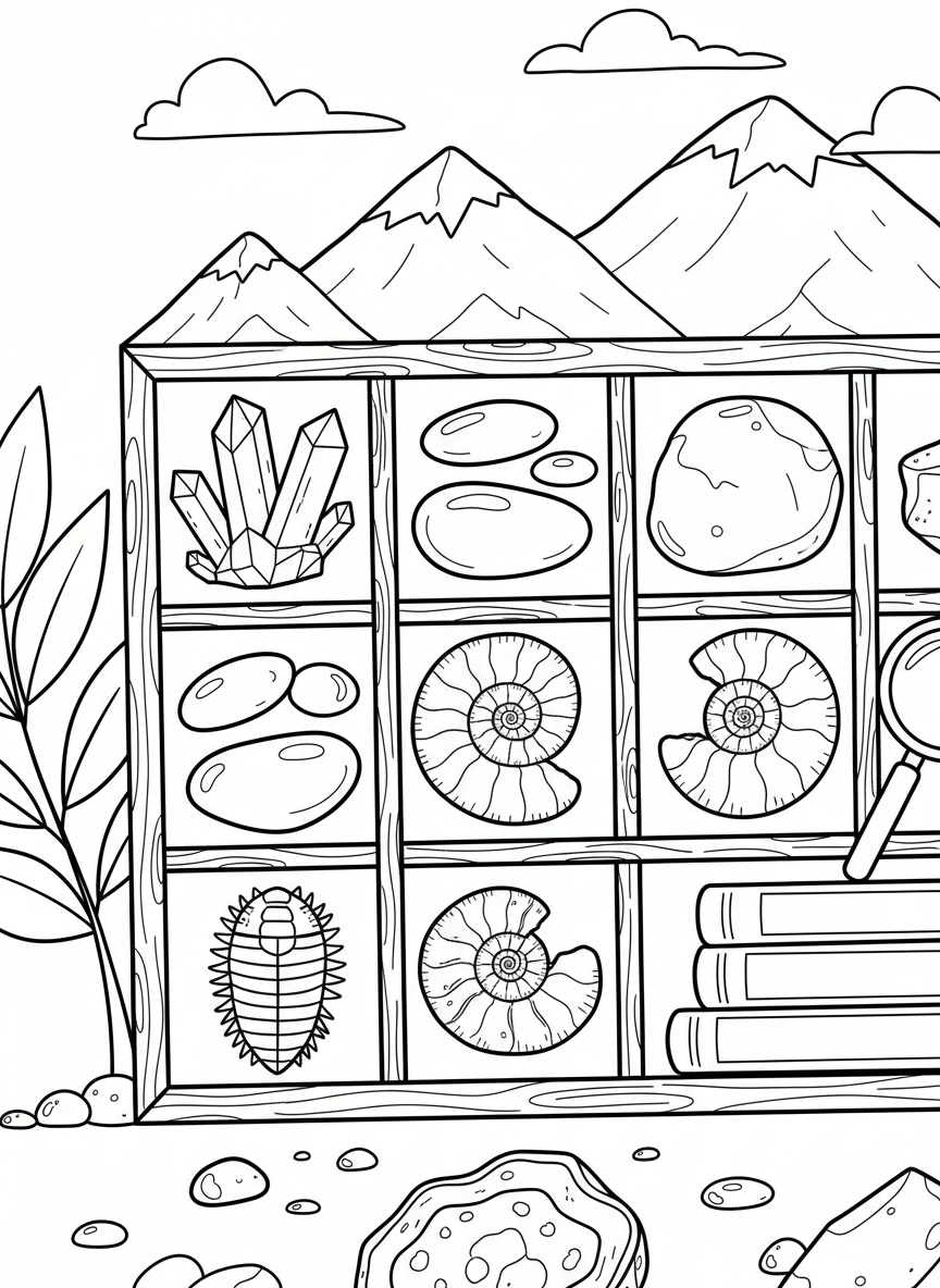 Close-up of a collection display box with compartments filled with different labeled rocks: quartz crystals, smooth river stones, and fossils.