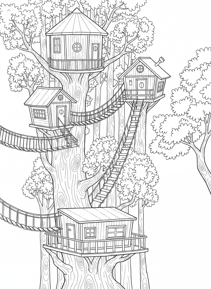 Three treehouses at different heights connected by multiple rope bridges creating a network in the forest canopy, detailed line art.