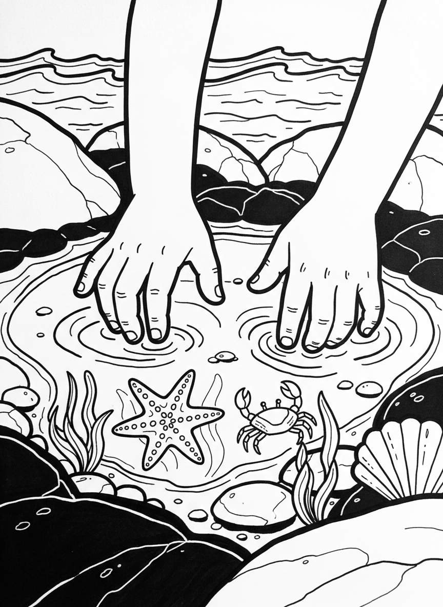 Two children's hands gently touching tide pool water while a starfish and small crab are visible below, exploration theme