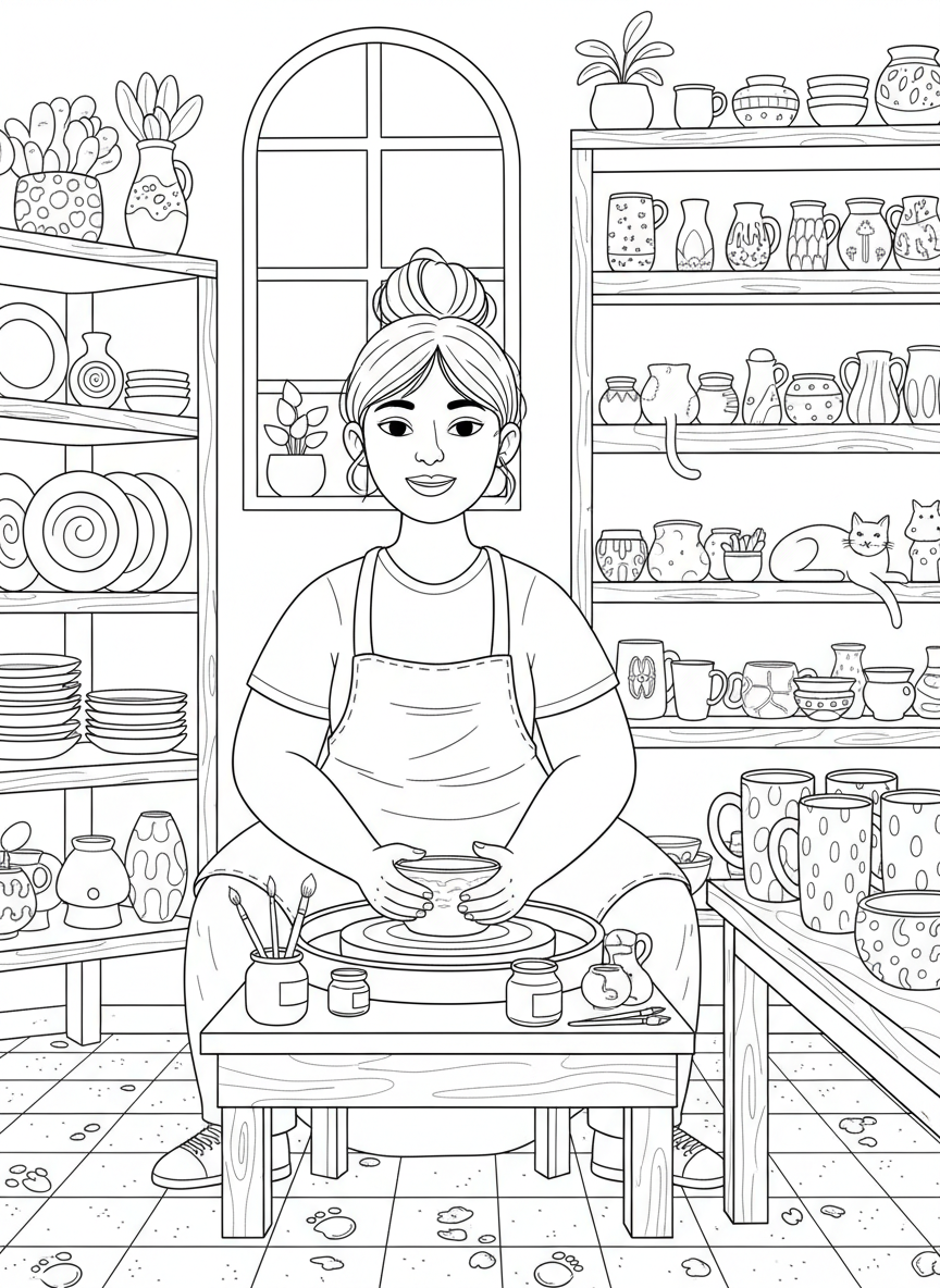 A cheerful pottery studio scene with shelves full of various ceramic bowls, plates, and mugs waiting to be decorated.