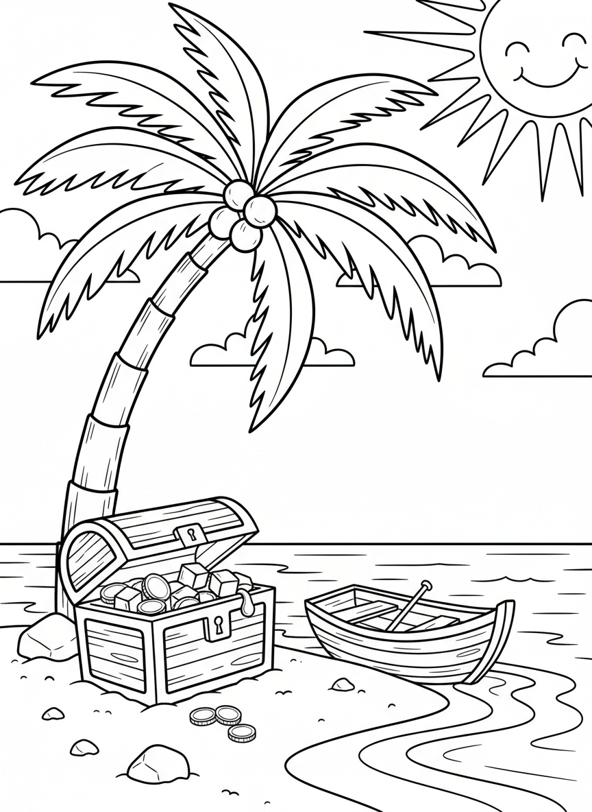 A pirate's desert island scene with a palm tree, treasure chest, and a small rowboat on the shore under a smiling sun