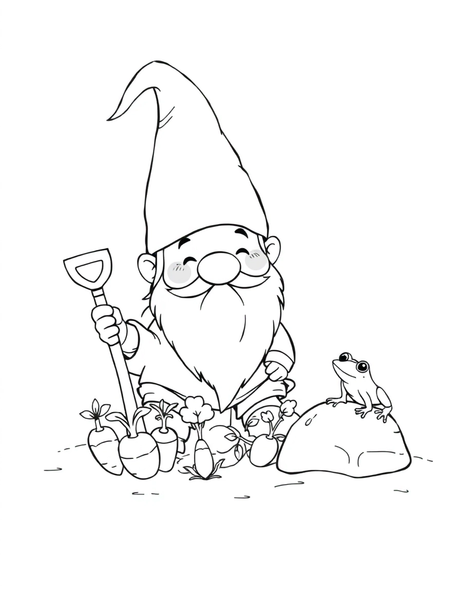 A charming garden gnome with a tall, pointy hat and a rosy cheeked smile, carefully tending to a small patch of growing vegetables like carrots and radishes. His miniature shovel is stuck in the soil, and a tiny, curious frog is perched on a nearby rock.