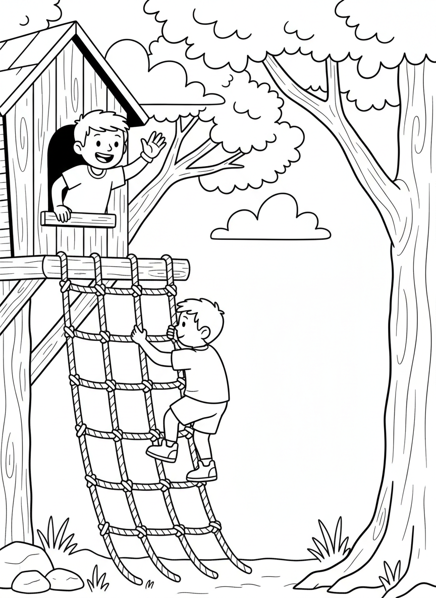 A child climbing a cargo net attached to a treehouse while another waves from the platform above, simple friendly composition.