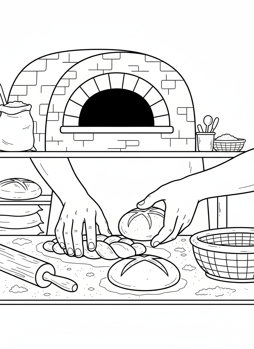 A close-up of hands shaping dough into different bread forms on a floured work surface