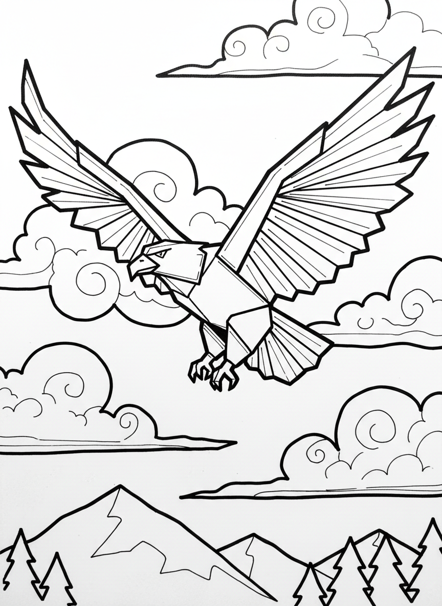 An origami eagle soaring through clouds with wide wingspan, sharp angular head, and detailed feather-like fold patterns on wings.