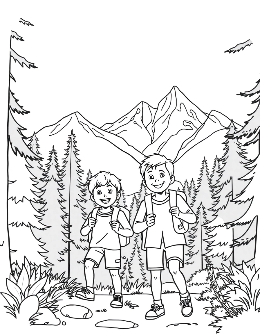 2 happy boys hiking with their parents amongst lush forest and tall mountains