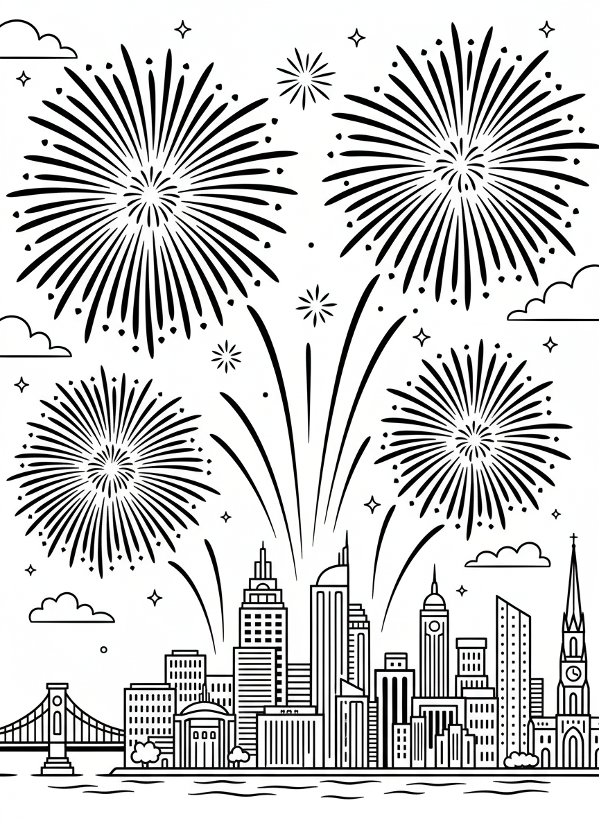 Fireworks bursting in the night sky above a city skyline, large star-burst patterns perfect for coloring