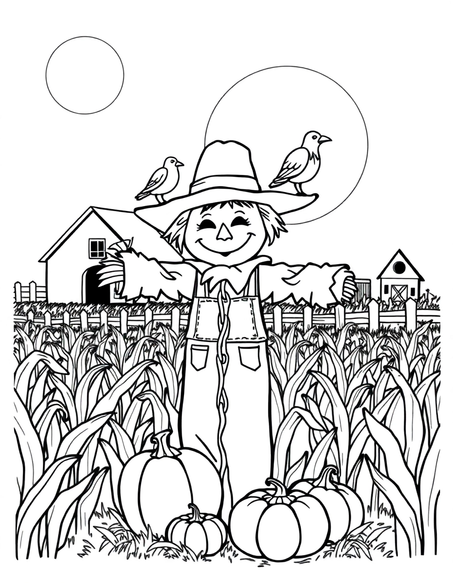 A smiling scarecrow stands in a cornfield under a full moon. Crows perch on its shoulders and pumpkins sit at its feet. A barn and fence appear in the background.
