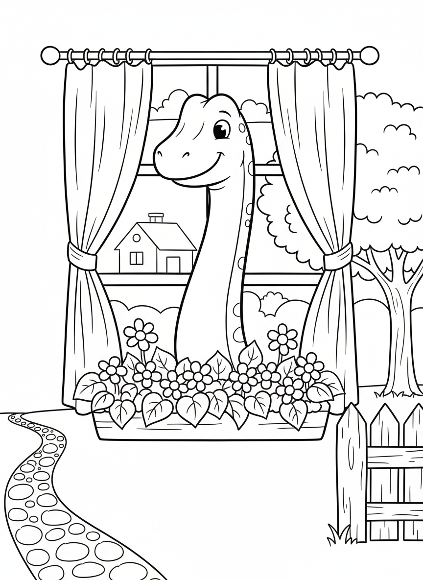 A cute Brachiosaurus peeking through a window with curtains and a window box full of flowers, clean outlines perfect for kids.