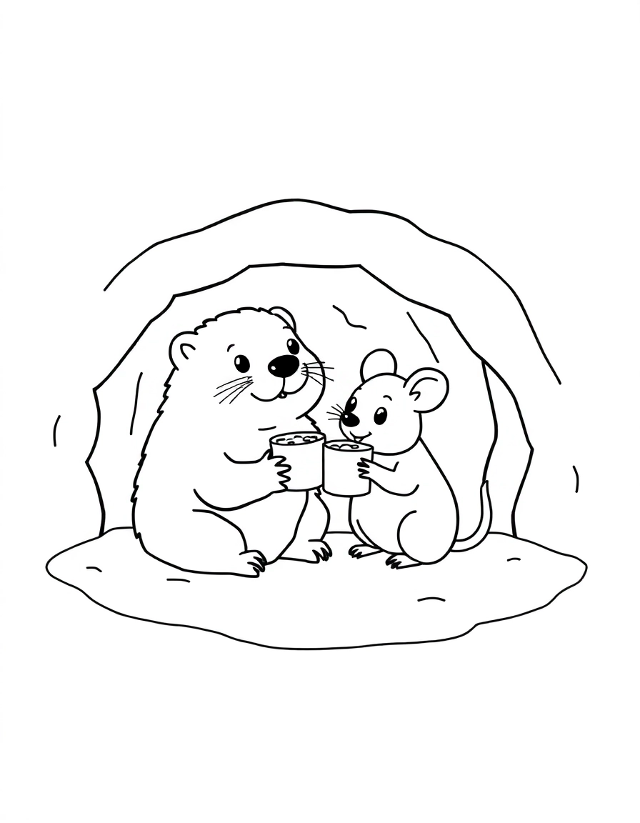 Groundhog Day: Burrow Buddies: A groundhog and a field mouse sitting together underground drinking hot cocoa.