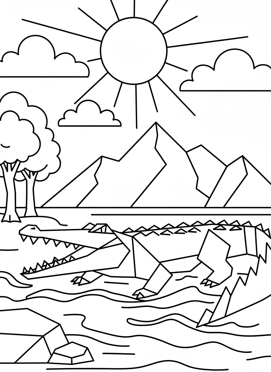 An origami crocodile with a long zigzag tail and geometric teeth showing along its angular jaw line