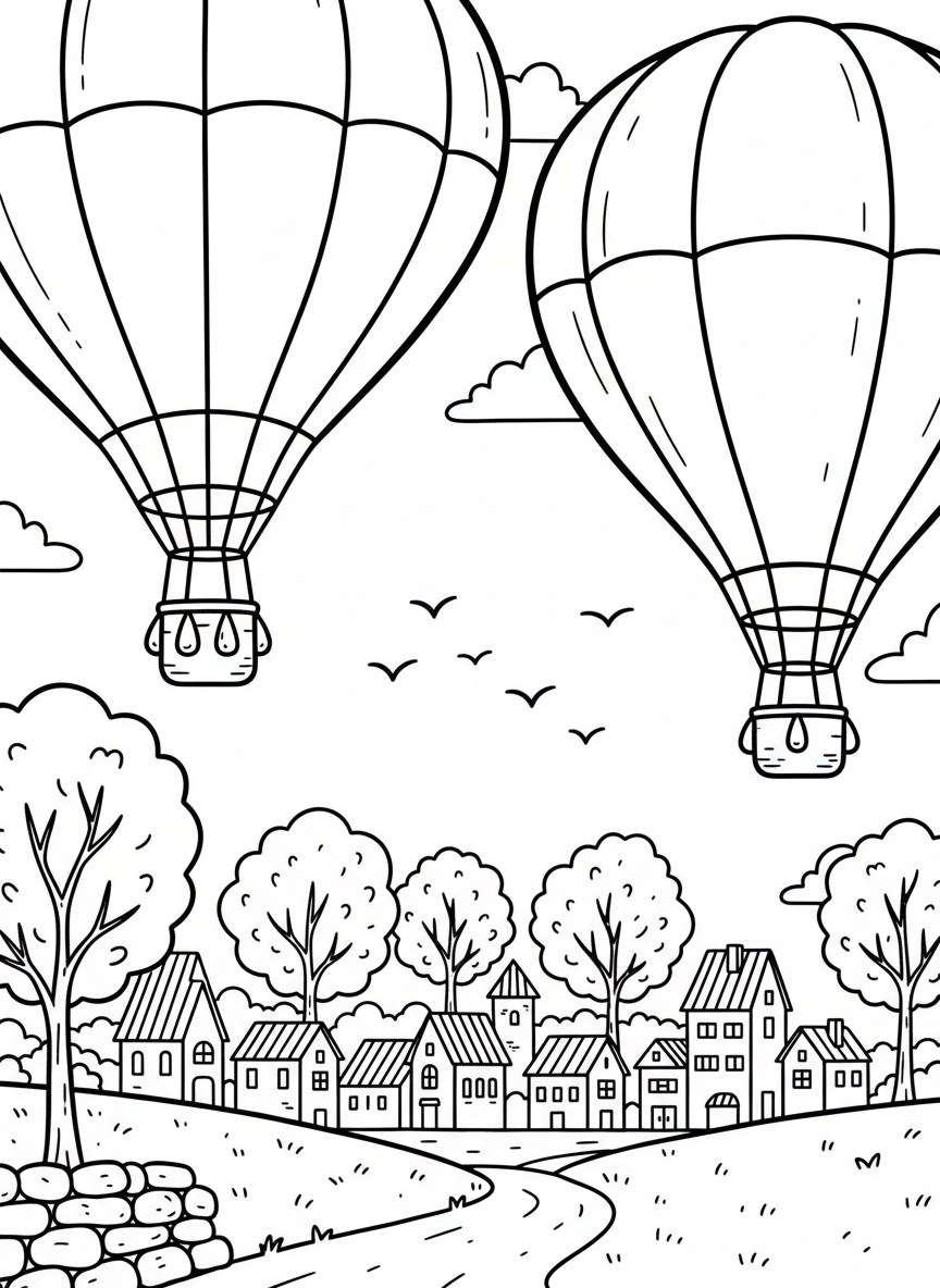 Two hot air balloons floating over a small village with houses and trees below, birds flying nearby.