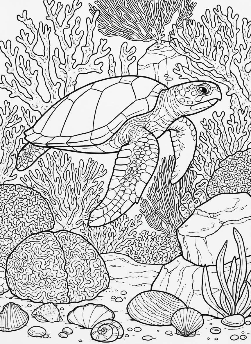 Underwater coral reef scene with various coral types, a sea turtle swimming above, and shells on the sandy bottom.