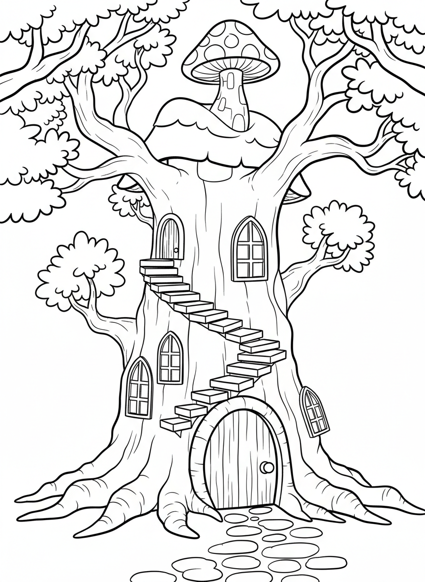 Whimsical fairy-tale style treehouse with a curved door, mushroom-shaped chimney, and a winding staircase carved into the tree trunk.
