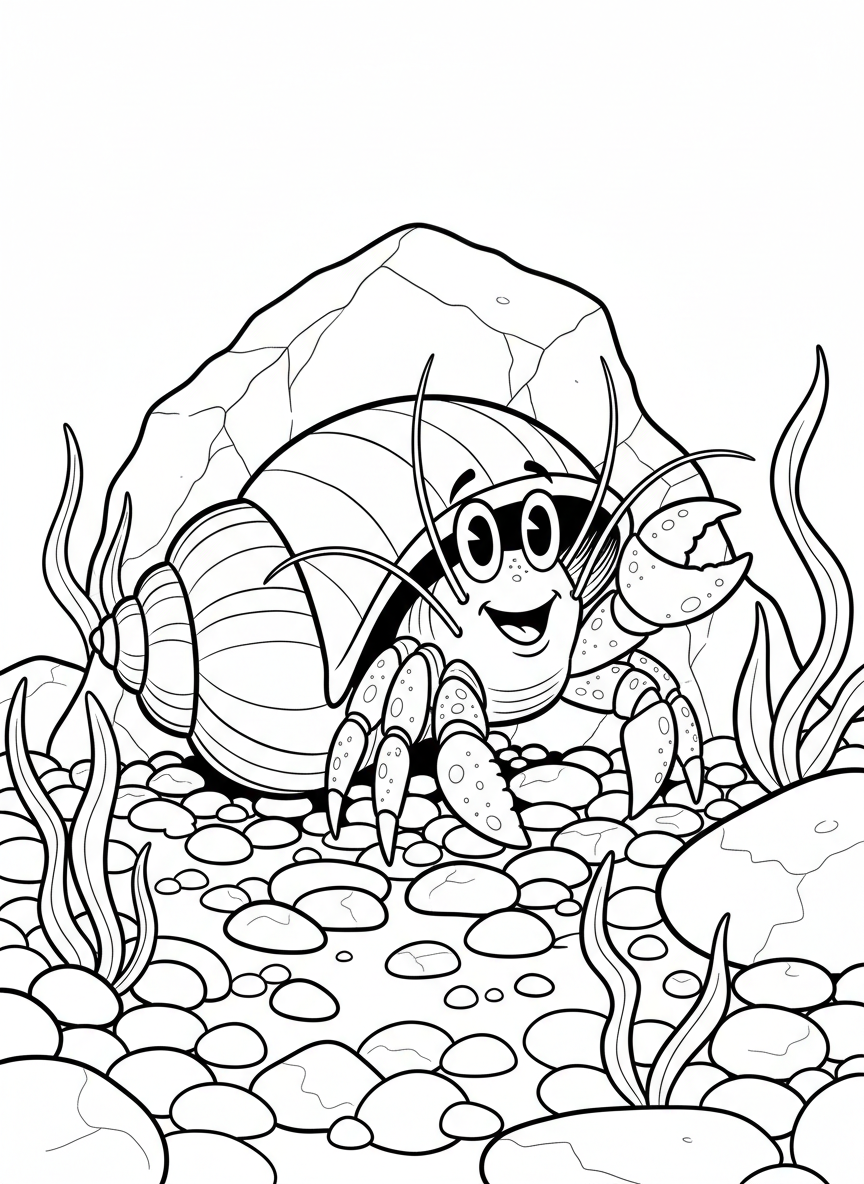 A cheerful hermit crab peeking out from a spiral shell, surrounded by small pebbles and seaweed on a rocky shore.