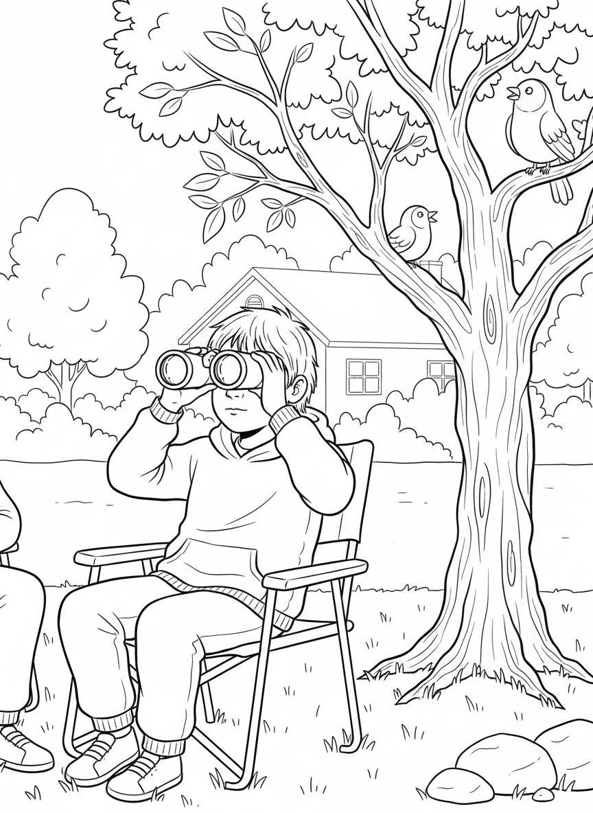 Close-up of a child looking through binoculars at birds in a tree while sitting on a camping chair in the backyard.